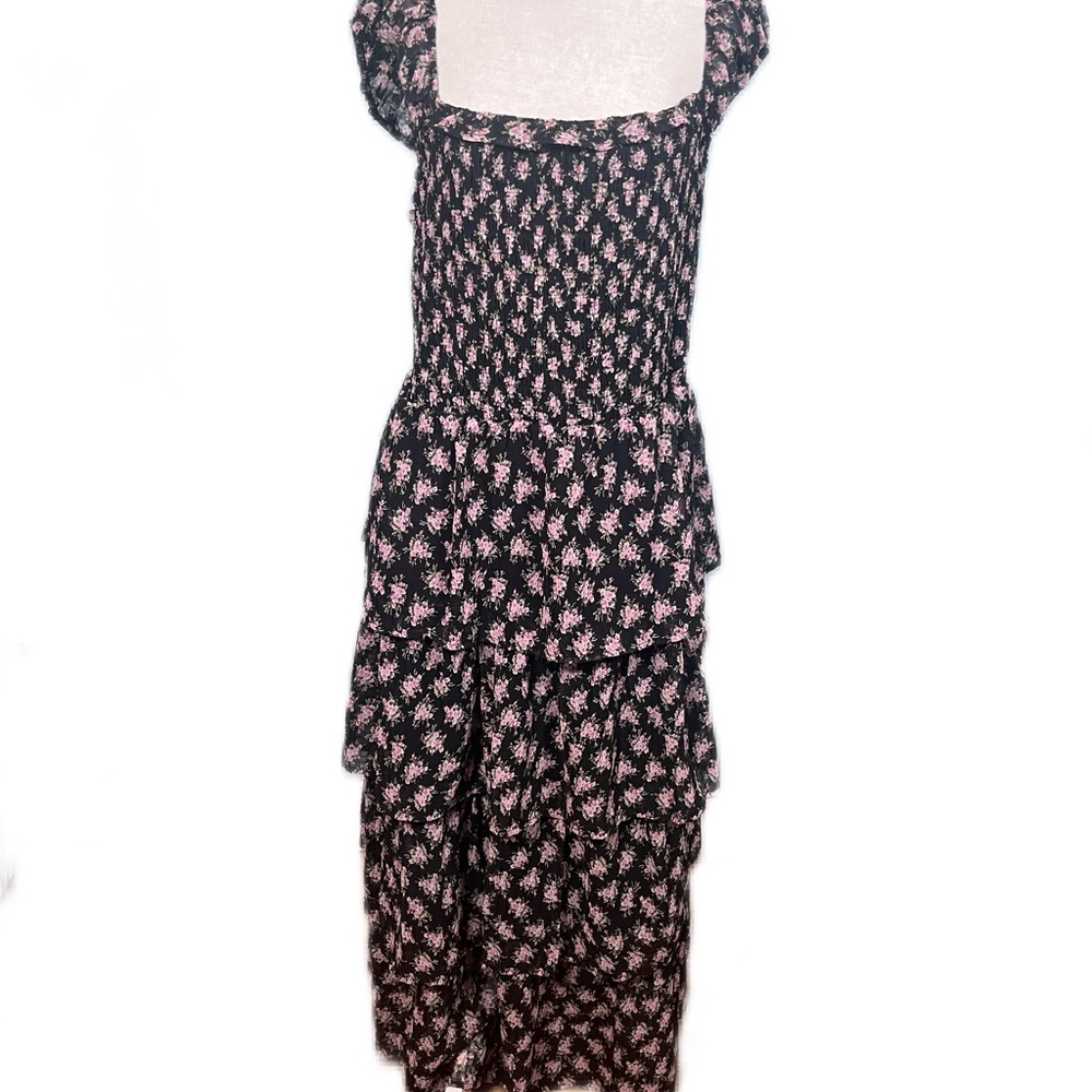 NWT And Now This Black and Pink Floral Midi Dress With‎ Ruffle Skirt Size 3XL